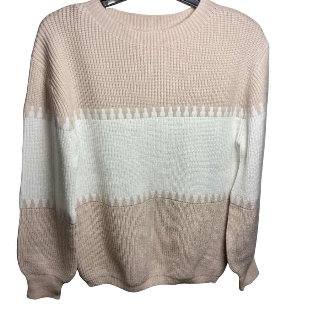Women's Color Block Knit Sweater Sz S Boho Long Sleeves Cream/White